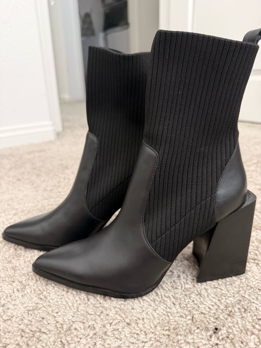 Steve Madden Black Sock-Style Pointed Block Heel Ankle Boots
